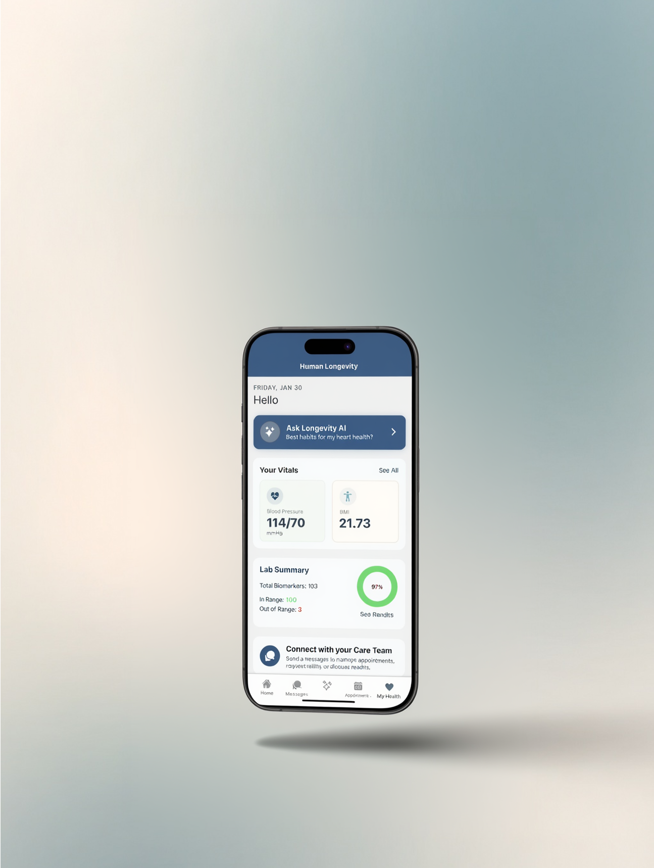 Human Longevity app dashboard — Longevity AI health intelligence